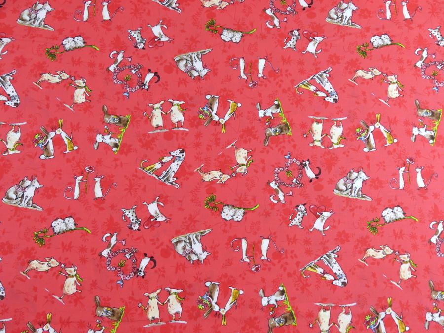 Preview: Patchworkstoff From the Hearts mit Mäusen, Hernezn, Hasen, Hunden, Schweinchen auf rotem Untergrund